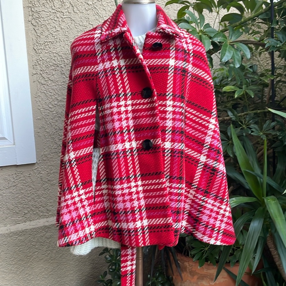 Plaid Red Maison Jules Women's Cape Coat with Belt